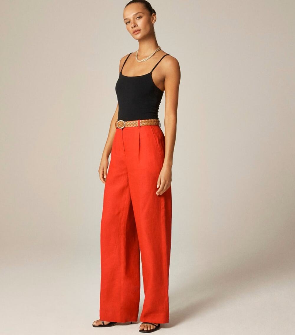 J.Crew Wide-leg Essential Linen Pants WMNS S Red Hi-Rise Zip Fly Pockets Trouser